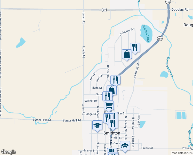 map of restaurants, bars, coffee shops, grocery stores, and more near 155 Stahl Drive in Smithton