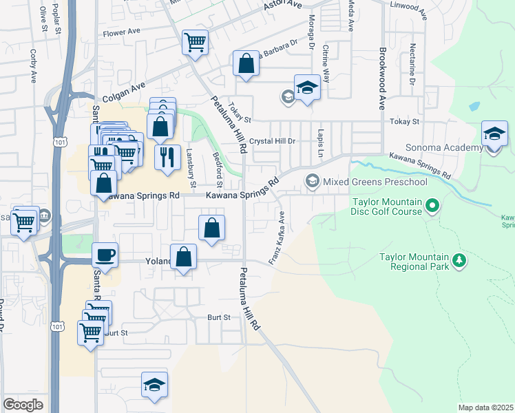 map of restaurants, bars, coffee shops, grocery stores, and more near 1028 Kawana Springs Road in Santa Rosa
