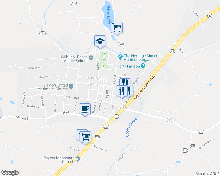 map of restaurants, bars, coffee shops, grocery stores, and more near 295 High Street in Dayton