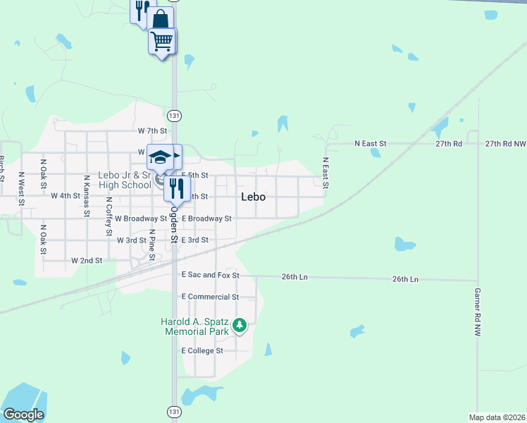 map of restaurants, bars, coffee shops, grocery stores, and more near in Lebo