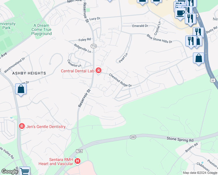 map of restaurants, bars, coffee shops, grocery stores, and more near Campus View Circle in Harrisonburg