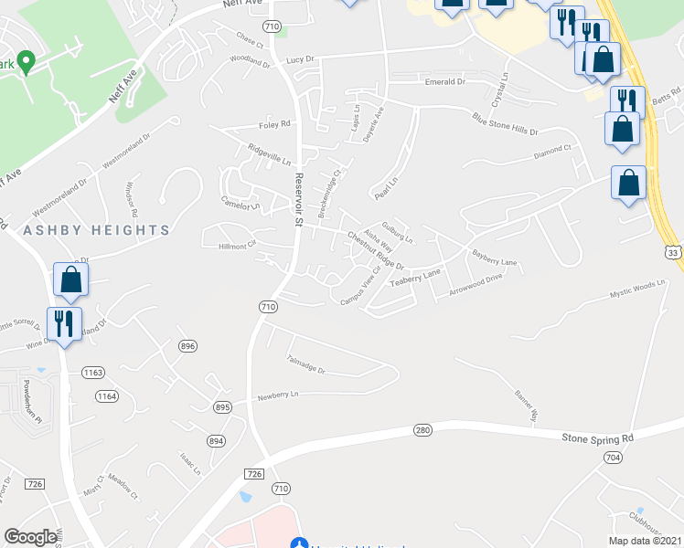 map of restaurants, bars, coffee shops, grocery stores, and more near 520 Davis Mills Drive in Harrisonburg
