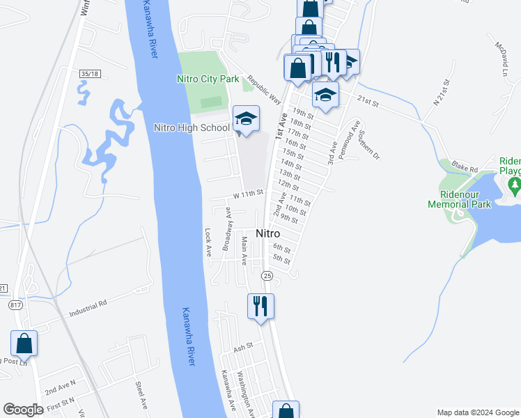 map of restaurants, bars, coffee shops, grocery stores, and more near 16 Log Gardens in Nitro