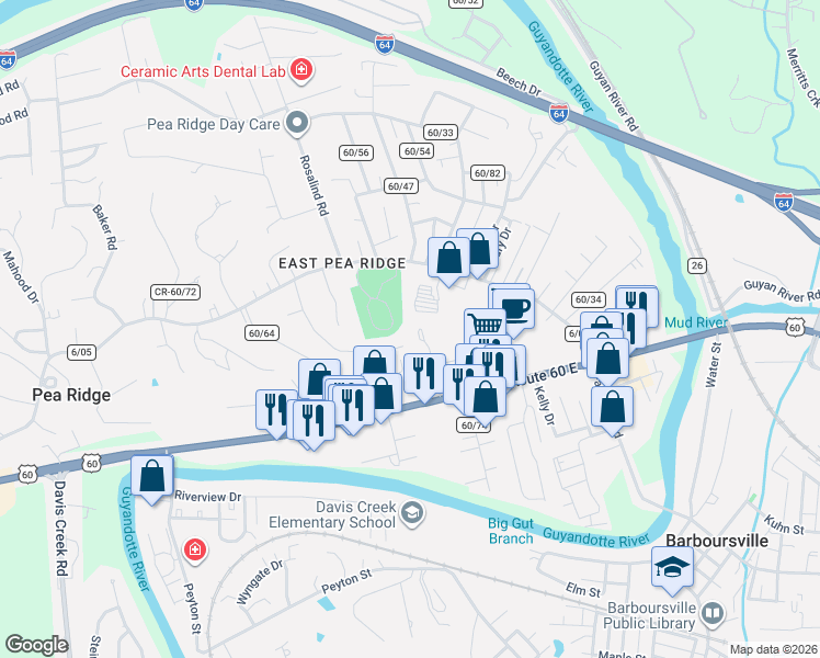 map of restaurants, bars, coffee shops, grocery stores, and more near 6026 U.S. 60 in Huntington