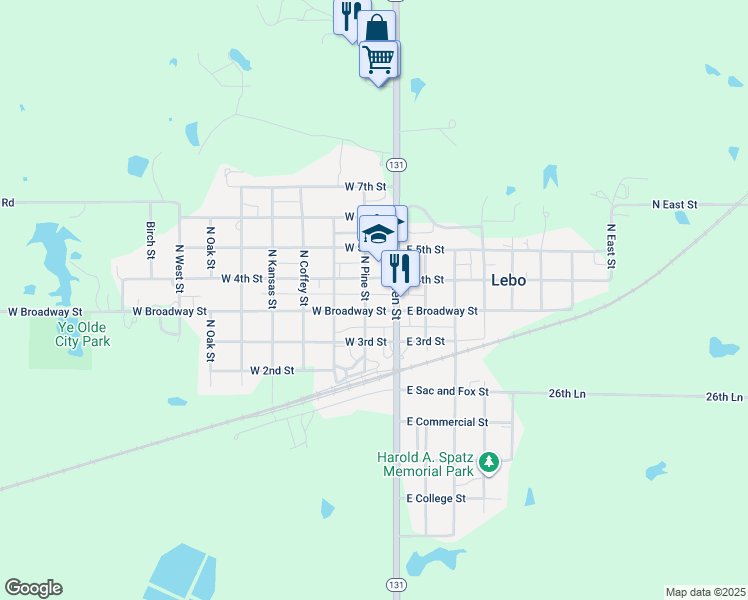 map of restaurants, bars, coffee shops, grocery stores, and more near 21 West 4th Street in Lebo