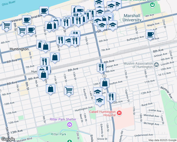 map of restaurants, bars, coffee shops, grocery stores, and more near 1420 Primrose Avenue in Huntington