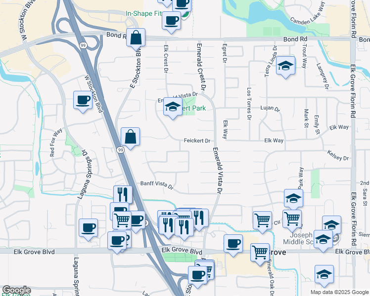map of restaurants, bars, coffee shops, grocery stores, and more near 8575 Diamond Oak Way in Elk Grove