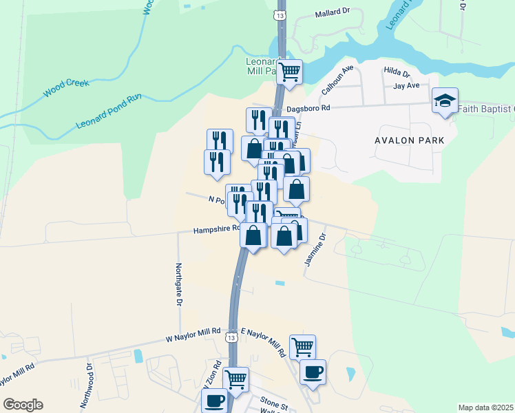 map of restaurants, bars, coffee shops, grocery stores, and more near 2707 North Salisbury Boulevard in Salisbury