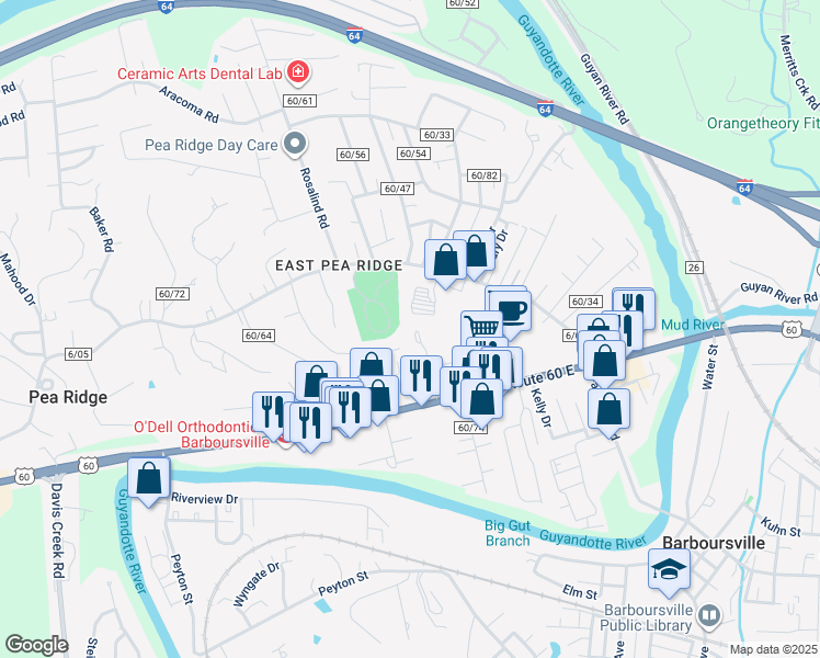 map of restaurants, bars, coffee shops, grocery stores, and more near 6026 U.S. 60 in Huntington