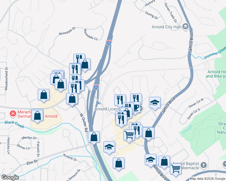 map of restaurants, bars, coffee shops, grocery stores, and more near 1905 Richardson Place Road in Arnold
