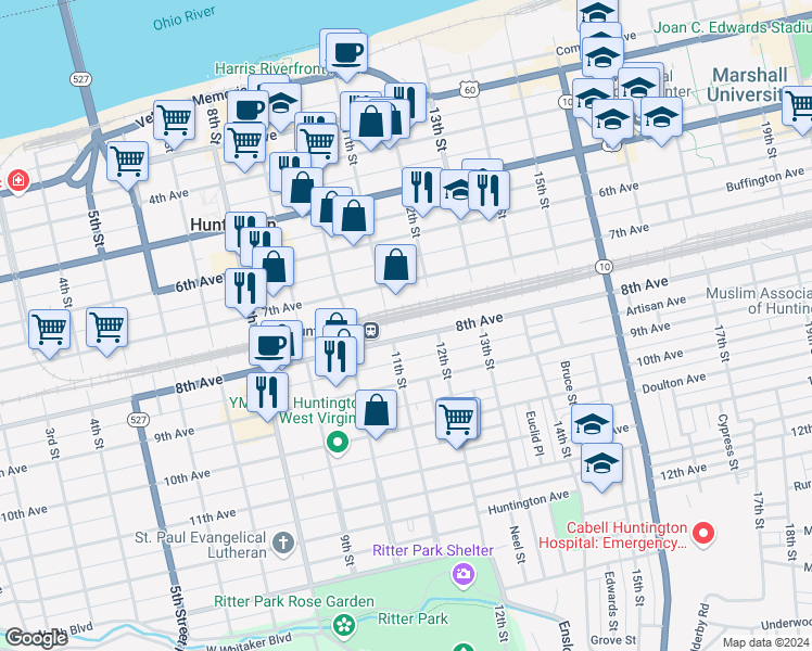 map of restaurants, bars, coffee shops, grocery stores, and more near 1134 8th Avenue in Huntington