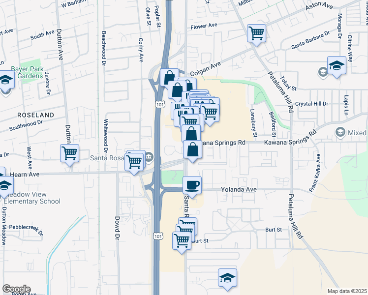 map of restaurants, bars, coffee shops, grocery stores, and more near 2296 Santa Rosa Avenue in Santa Rosa