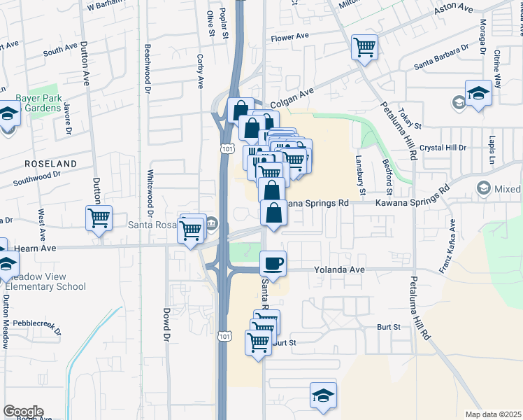 map of restaurants, bars, coffee shops, grocery stores, and more near 2296 Santa Rosa Avenue in Santa Rosa