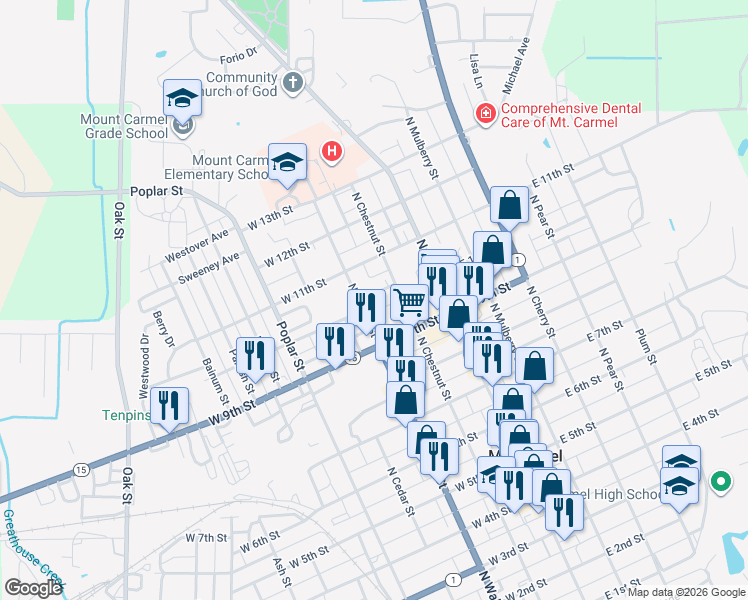 map of restaurants, bars, coffee shops, grocery stores, and more near 215 West 10th Street in Mount Carmel
