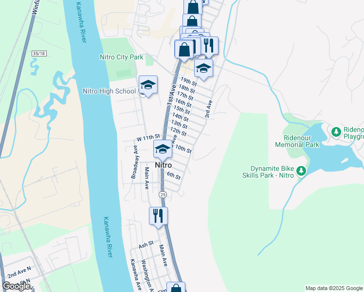 map of restaurants, bars, coffee shops, grocery stores, and more near 1112 11th Street in Nitro