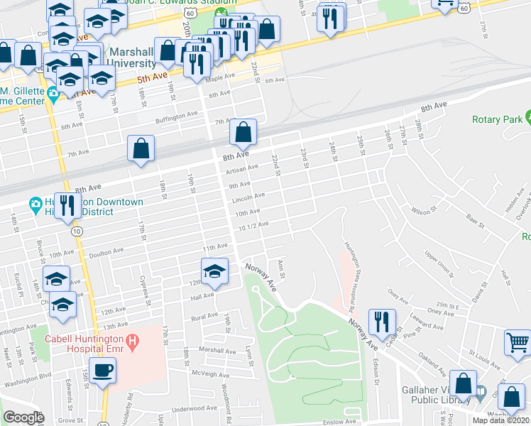 map of restaurants, bars, coffee shops, grocery stores, and more near 2111 10th Avenue in Huntington