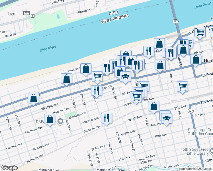 map of restaurants, bars, coffee shops, grocery stores, and more near 330 Adams Ave in Huntington