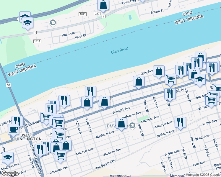 map of restaurants, bars, coffee shops, grocery stores, and more near 301 9th Street West in Huntington