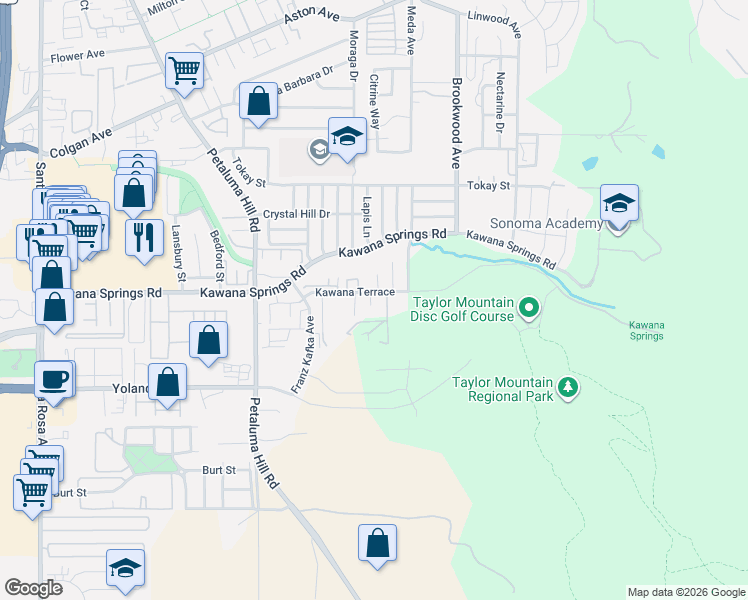 map of restaurants, bars, coffee shops, grocery stores, and more near 1400 Kawana Terrace in Santa Rosa