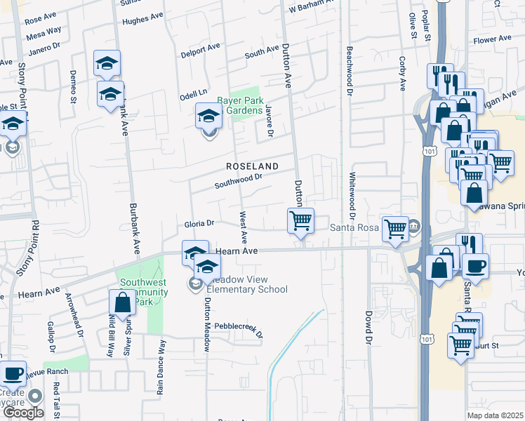 map of restaurants, bars, coffee shops, grocery stores, and more near 1136 Valerie Way in Santa Rosa