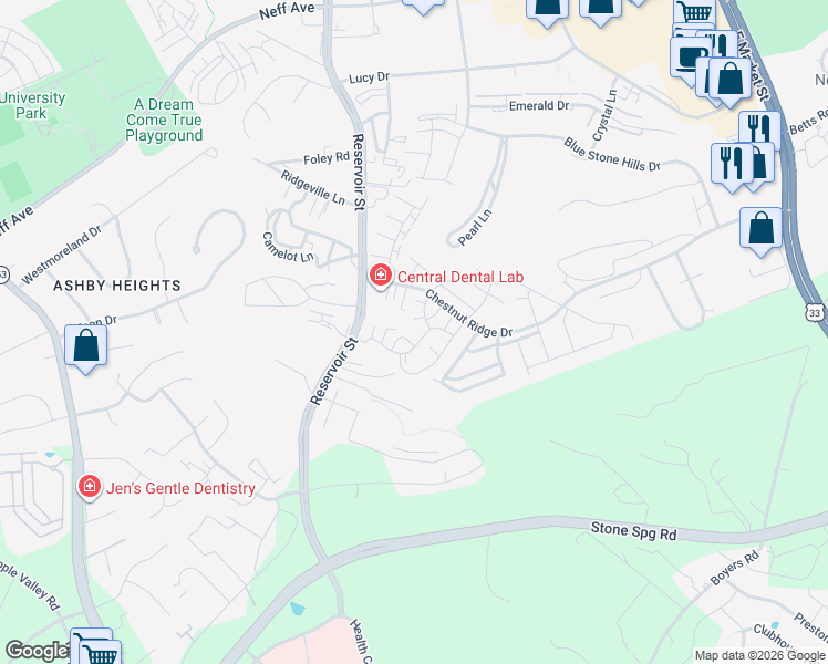 map of restaurants, bars, coffee shops, grocery stores, and more near 520 Davis Mills Drive in Harrisonburg