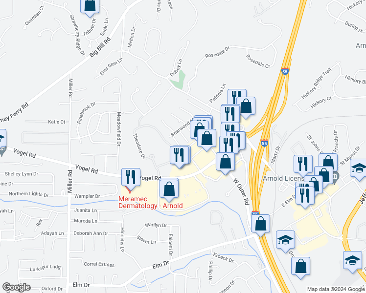 map of restaurants, bars, coffee shops, grocery stores, and more near 2033 Essex Drive in Arnold