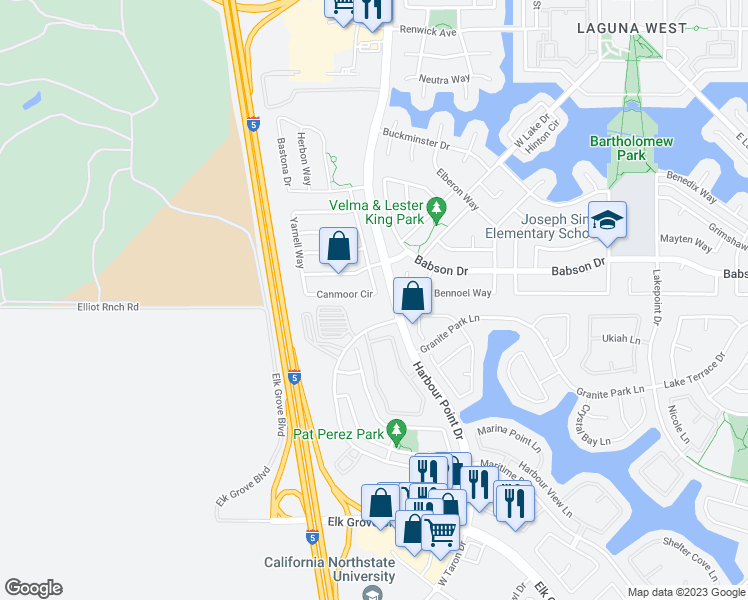 map of restaurants, bars, coffee shops, grocery stores, and more near 9417 Canmoor Circle in Elk Grove