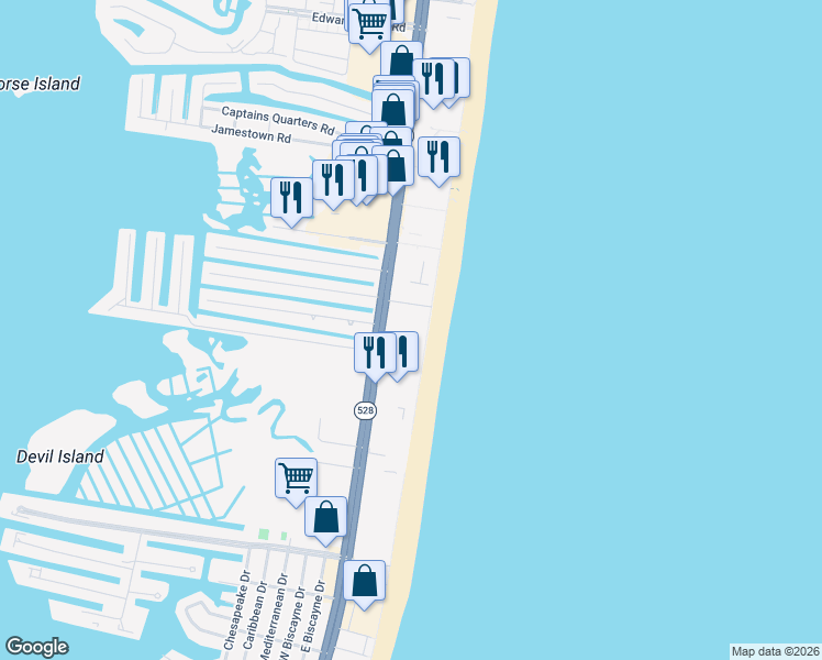map of restaurants, bars, coffee shops, grocery stores, and more near 10009 Coastal Highway in Ocean City