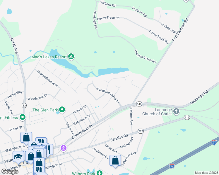 map of restaurants, bars, coffee shops, grocery stores, and more near 1006 Shore Line Drive in La Grange