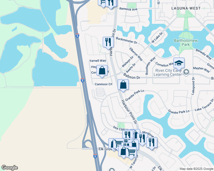 map of restaurants, bars, coffee shops, grocery stores, and more near 9437 Canmoor Circle in Elk Grove