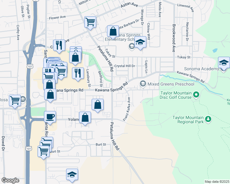 map of restaurants, bars, coffee shops, grocery stores, and more near 2604 Petaluma Hill Road in Santa Rosa
