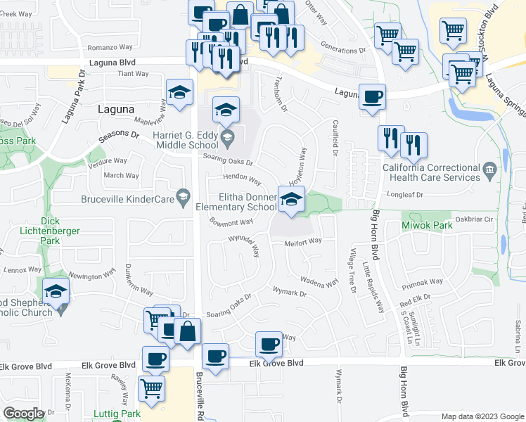 map of restaurants, bars, coffee shops, grocery stores, and more near 9486 Bowmont Way in Elk Grove