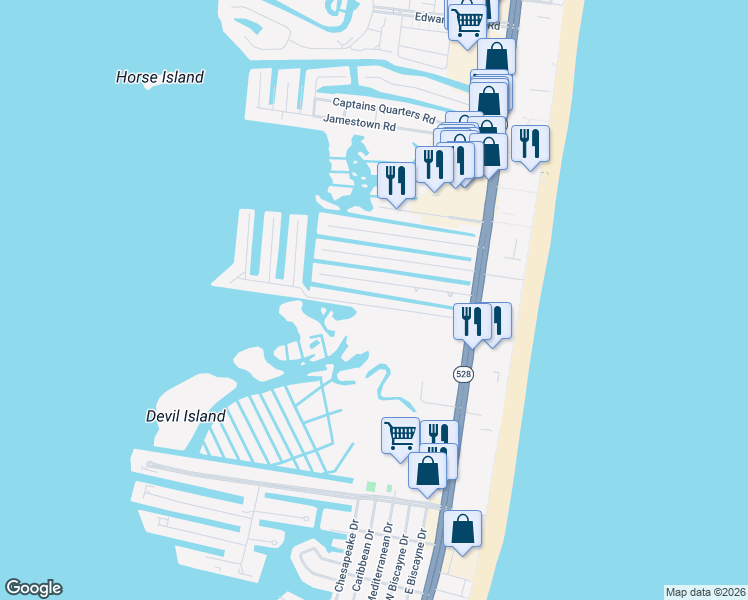map of restaurants, bars, coffee shops, grocery stores, and more near 138 Old Landing Road in Ocean City