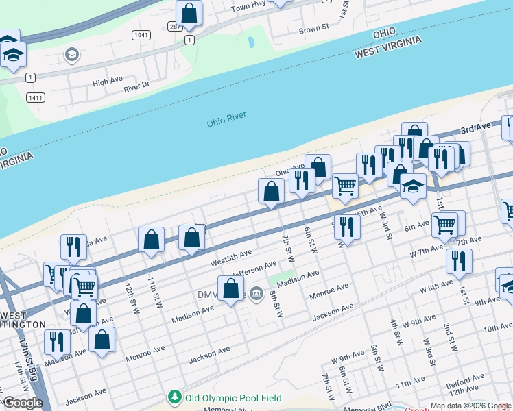 map of restaurants, bars, coffee shops, grocery stores, and more near 742 Washington Avenue in Huntington