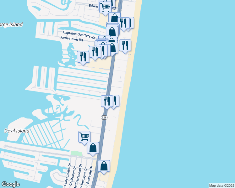 map of restaurants, bars, coffee shops, grocery stores, and more near 10009 Coastal Highway in Ocean City