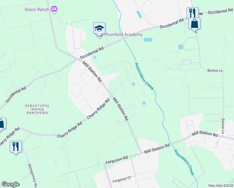 map of restaurants, bars, coffee shops, grocery stores, and more near 9519 Mill Station Road in Sebastopol