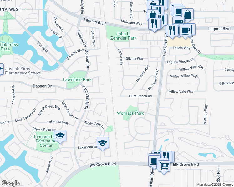 map of restaurants, bars, coffee shops, grocery stores, and more near 4303 Elliot Ranch Road in Elk Grove