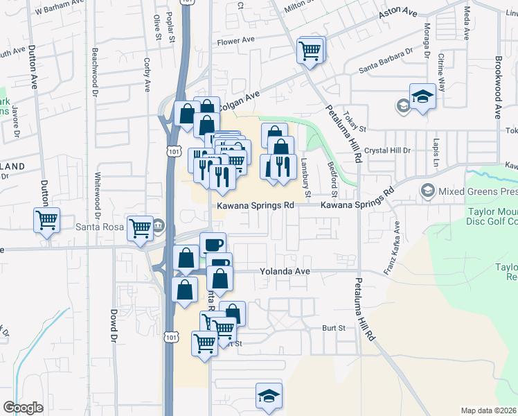 map of restaurants, bars, coffee shops, grocery stores, and more near 2302 Squire Lane in Santa Rosa