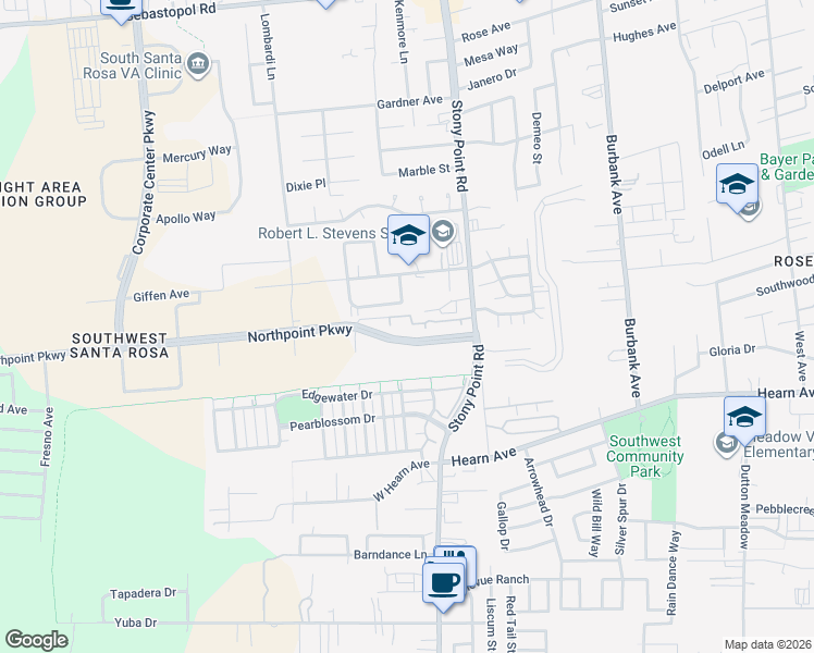 map of restaurants, bars, coffee shops, grocery stores, and more near 2145 Stony Point Road in Santa Rosa