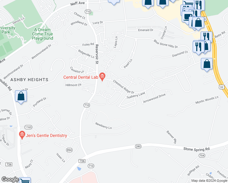 map of restaurants, bars, coffee shops, grocery stores, and more near 520 Davis Mills Drive in Harrisonburg
