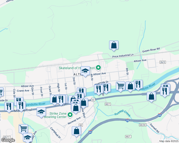 map of restaurants, bars, coffee shops, grocery stores, and more near 4415 Altizer Avenue in Huntington
