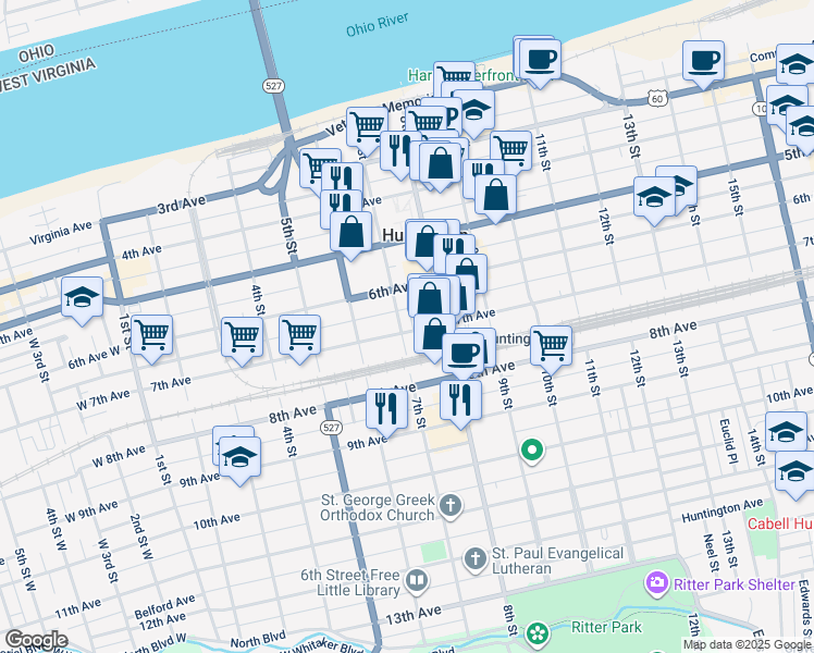 map of restaurants, bars, coffee shops, grocery stores, and more near 634 7th Street in Huntington