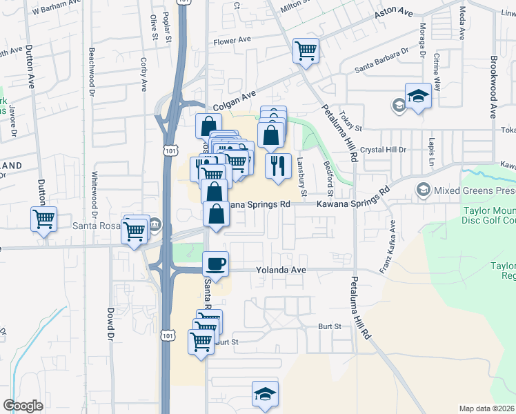 map of restaurants, bars, coffee shops, grocery stores, and more near 2302 Squire Lane in Santa Rosa
