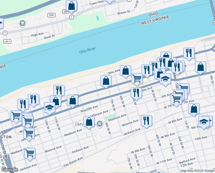 map of restaurants, bars, coffee shops, grocery stores, and more near 646 Washington Ave in Huntington