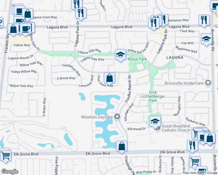 map of restaurants, bars, coffee shops, grocery stores, and more near 6104 Pine Vista Way in Elk Grove