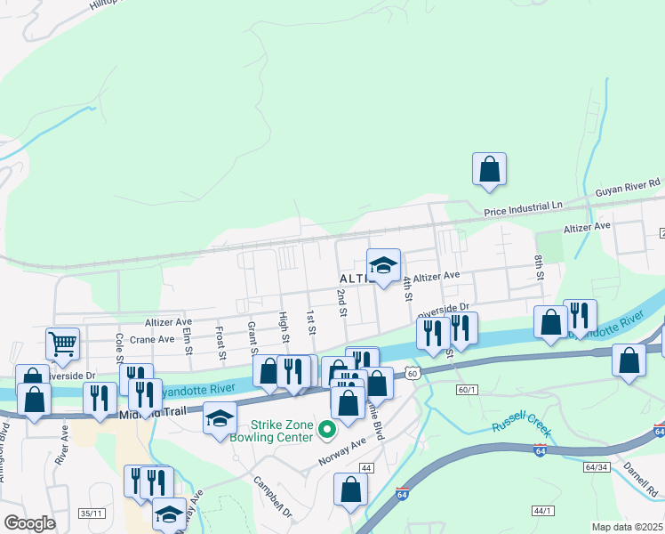 map of restaurants, bars, coffee shops, grocery stores, and more near 321 2nd Street in Huntington