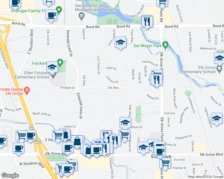 map of restaurants, bars, coffee shops, grocery stores, and more near 8740 Elk Way in Elk Grove