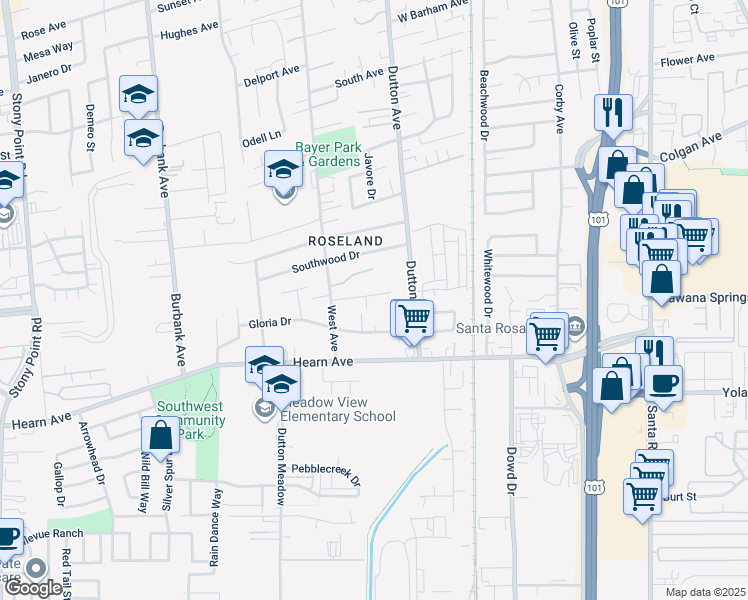 map of restaurants, bars, coffee shops, grocery stores, and more near 1136 Valerie Way in Santa Rosa