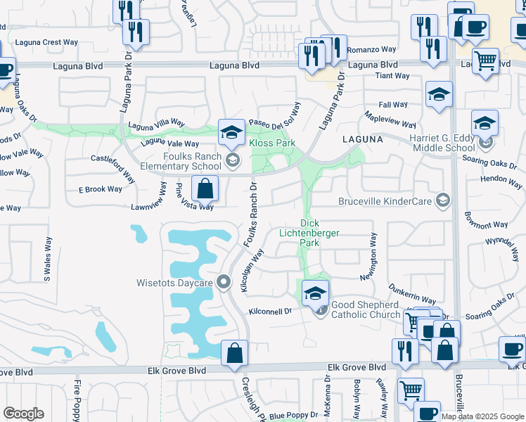 map of restaurants, bars, coffee shops, grocery stores, and more near 9430 Forest Vista Way in Elk Grove