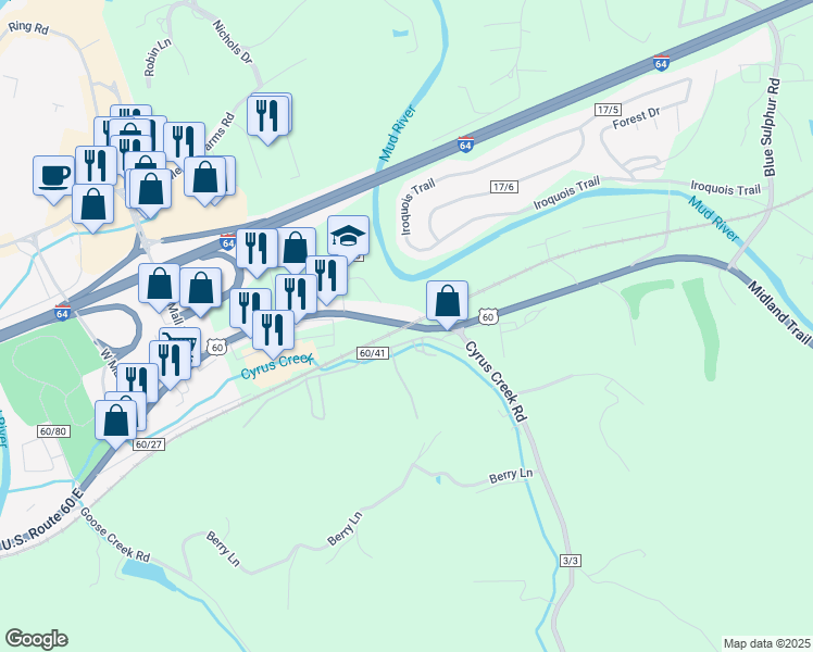 map of restaurants, bars, coffee shops, grocery stores, and more near 3399 U.S. 60 in Barboursville